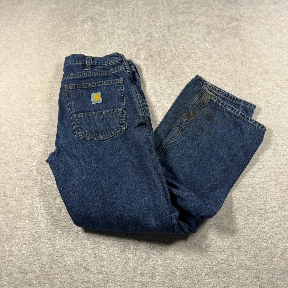 Carhartt Jeans Mens 32x32 Blue Relaxed Fit Flannel Lined BD4942-M Workwear Denim